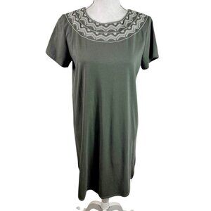 J Jill Women's S Embroidered Neckline Jersey Shift Dress Sage EUC